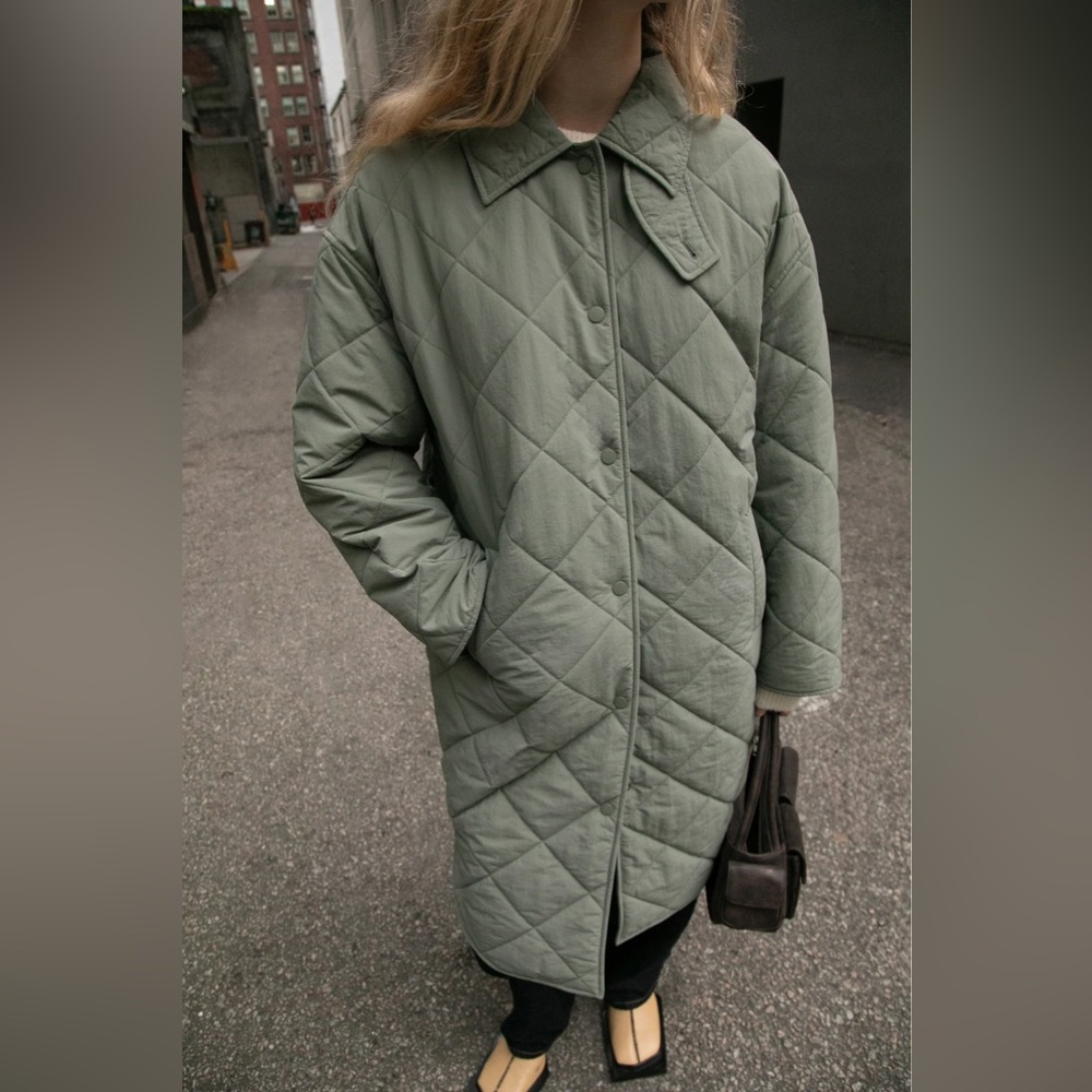 Oak + Fort quilted puffer midi jacket in mulled basil colour
